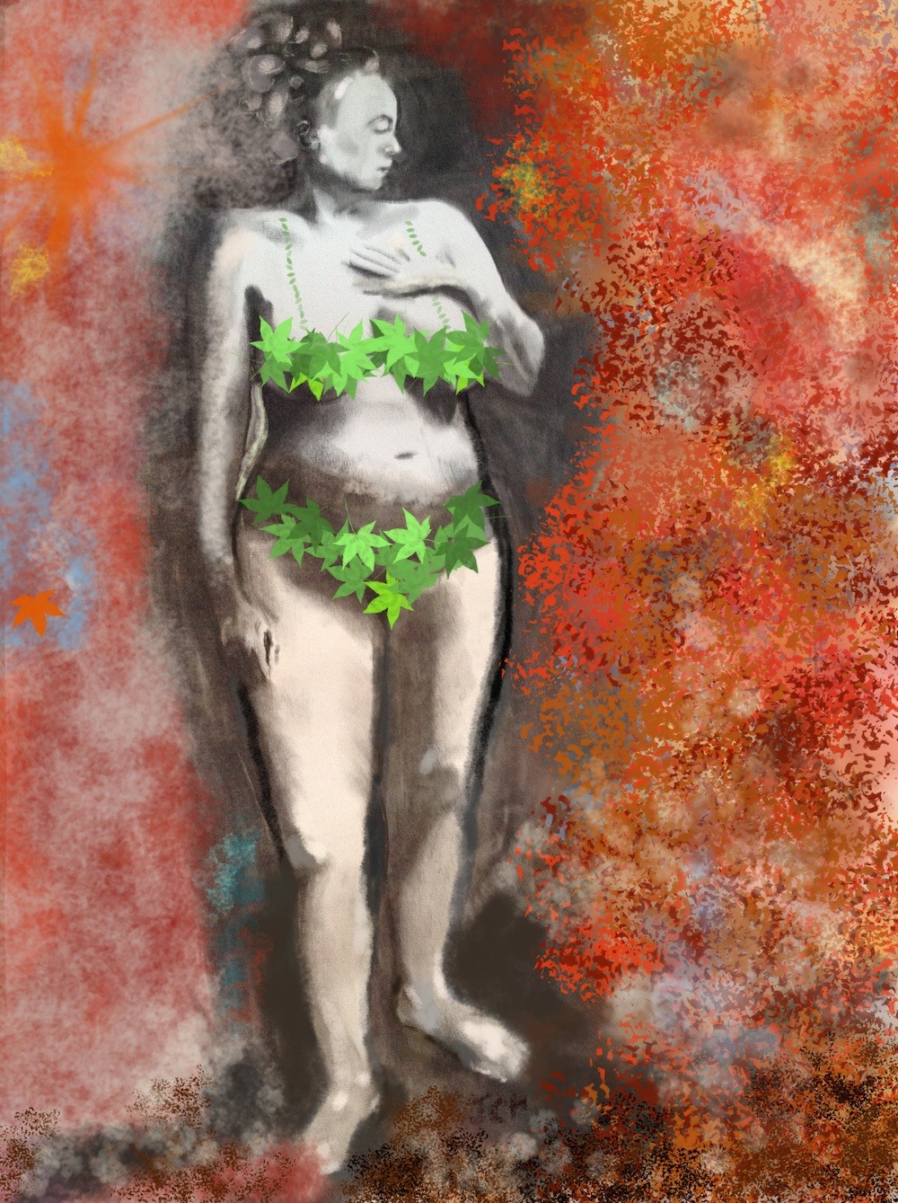 Big Nude in a Leaf Bikini - charcoal with computer paint